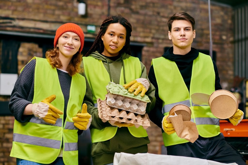 Three workers in safety vests recycling cardboard and paper materials in a warehouse environment.
