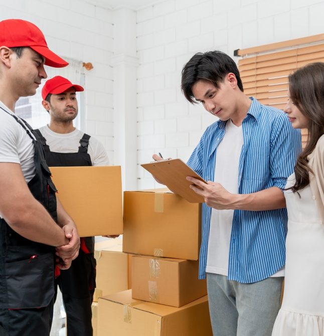 Caucasian delivery worker delivering package to young couple in house. Attractive male courier employee working and deliver box cardboard to attractive man and woman new marriage partner at new home.