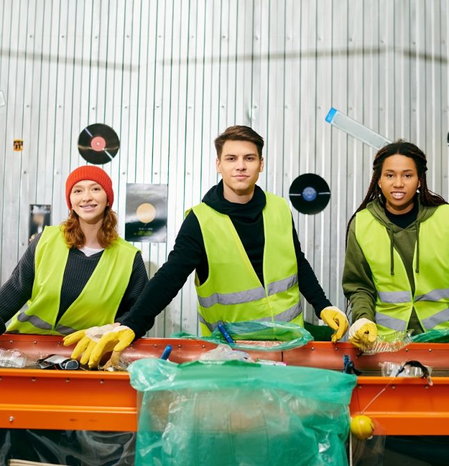 Young volunteers in yellow safety vests sorting trash at a table.